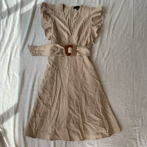 Lucy Paris Oatmeal Colour Ruffle Short Sleeve V-Neck Dress with Belt Size S